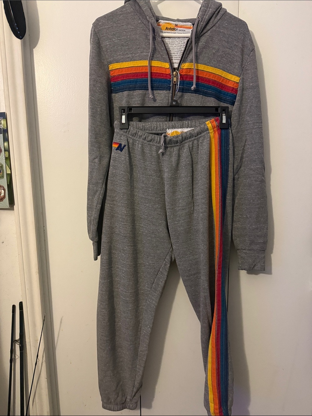 Aviator Nation Gray Joggers/ Hoodie with Retro Rainbow 5 Stripe SET!!!